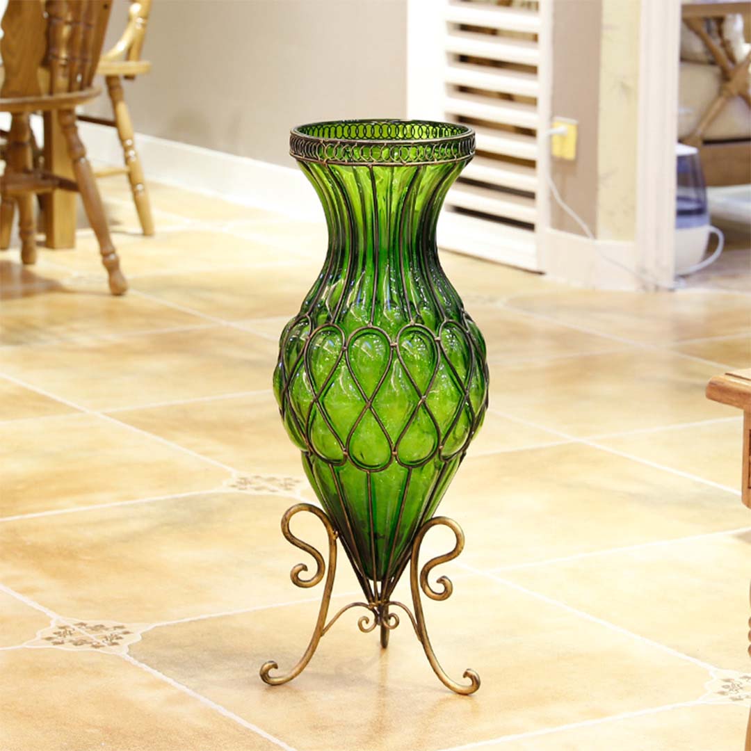 Premium 67cm Green Glass Tall Floor Vase with Metal Flower Stand - image8