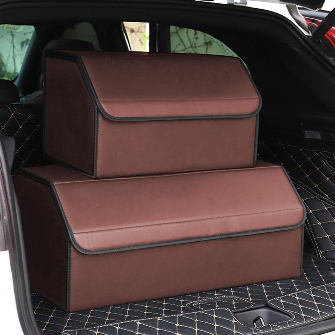 Premium 4X Leather Car Boot Collapsible Foldable Trunk Cargo Organizer Portable Storage Box Coffee Large - image8