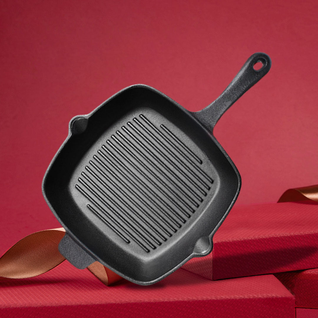 Premium 26cm Square Ribbed Cast Iron Frying Pan SkilletSteak Sizzle Platter with Handle - image8