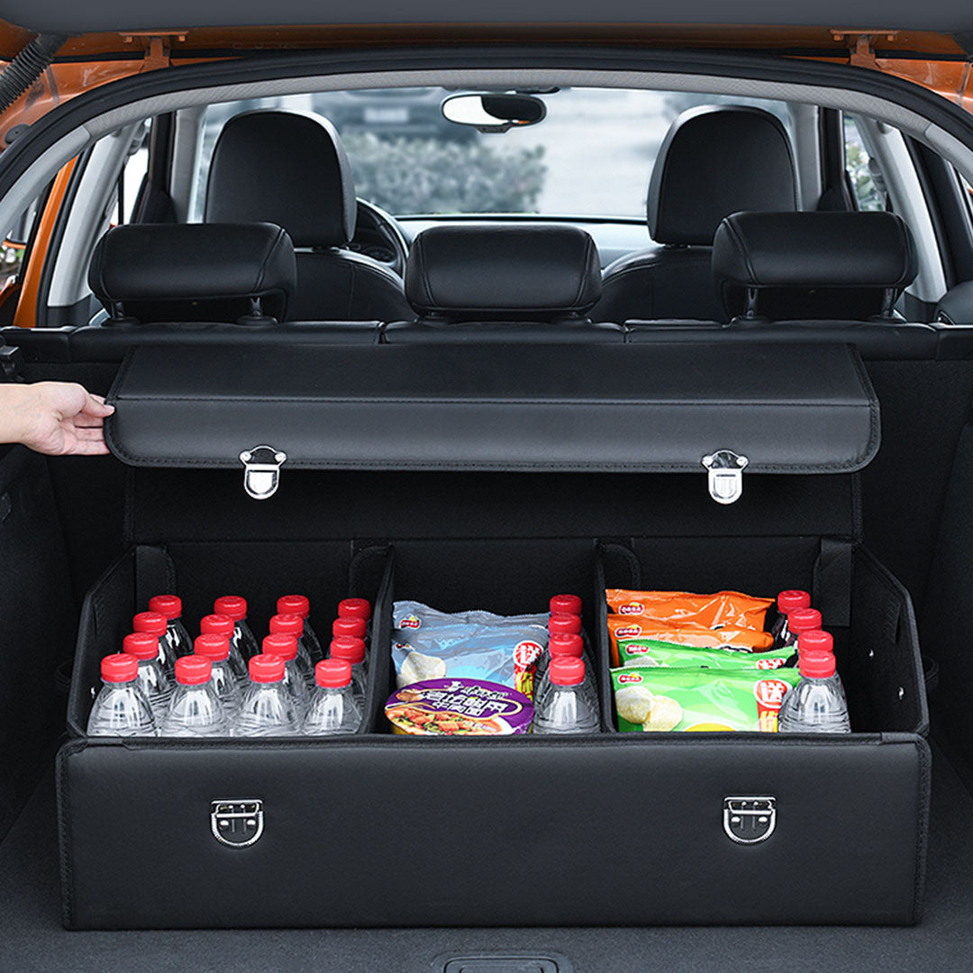 Premium Leather Car Boot Collapsible Foldable Trunk Cargo Organizer Portable Storage Box With Lock Black Large - image8