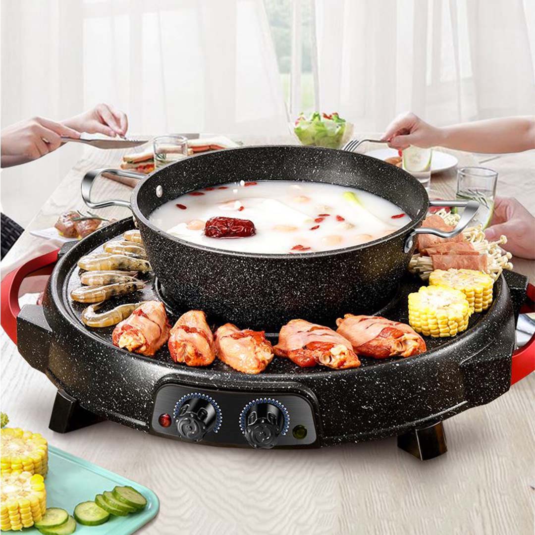 Premium 2X 2 in 1 Electric Stone Coated Teppanyaki Grill Plate Steamboat Hotpot - image6