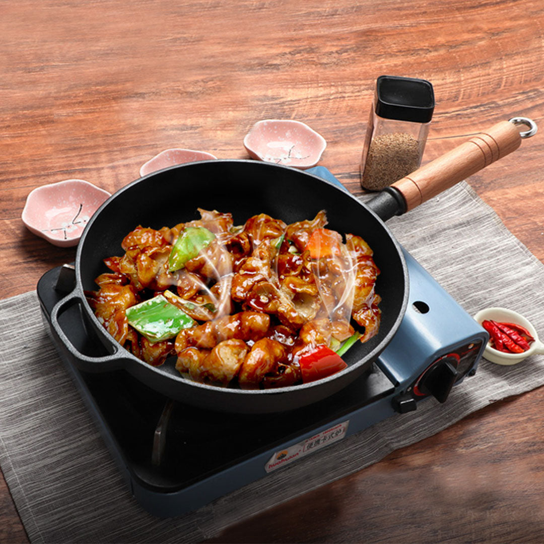 Premium 25cm Round Cast Iron Frying Pan Skillet Steak Sizzle Platter with Helper Handle - image8