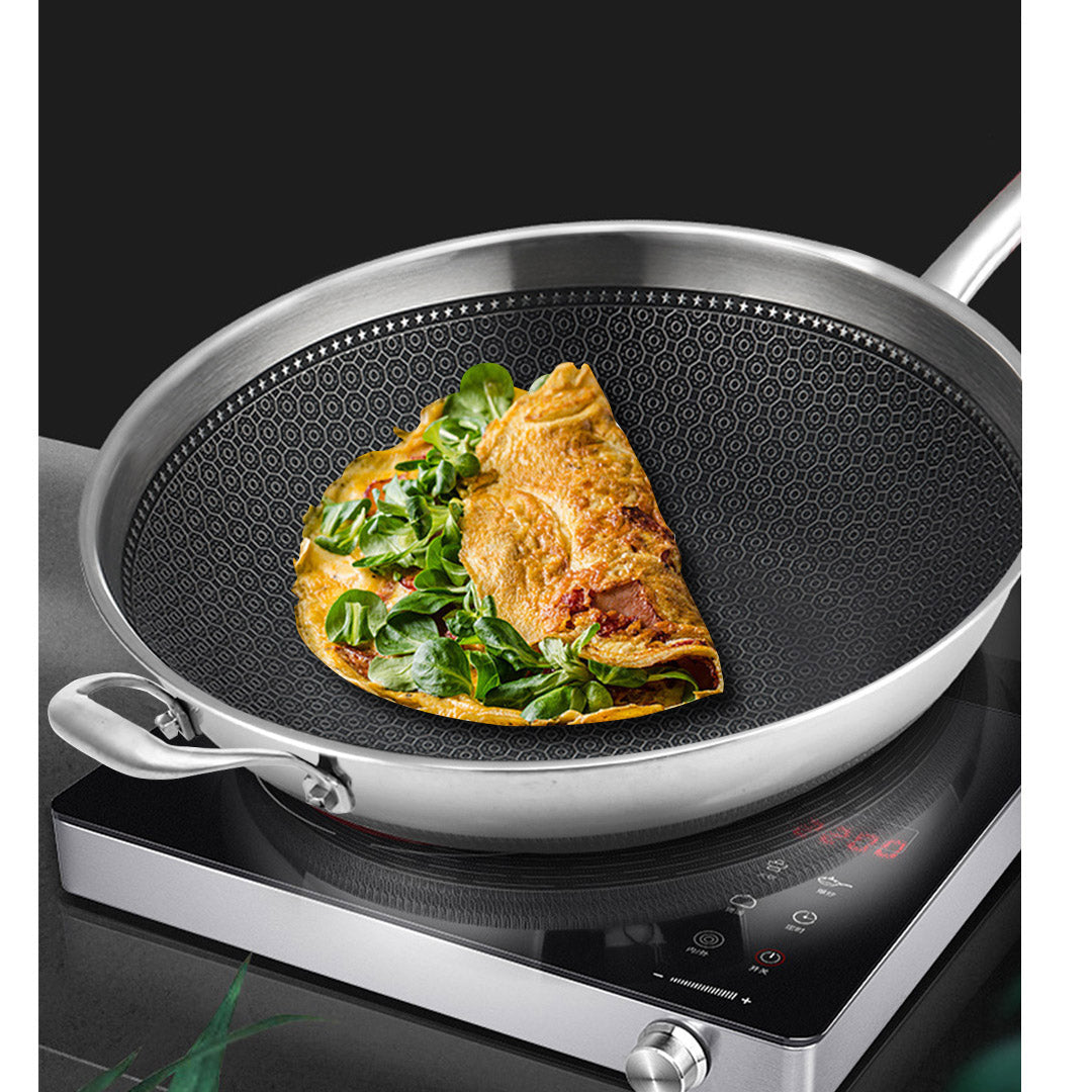 Premium 2X 18/10 Stainless Steel Fry Pan 34cm Frying Pan Top Grade Textured Non Stick Interior Skillet with Helper Handle and Lid - image8