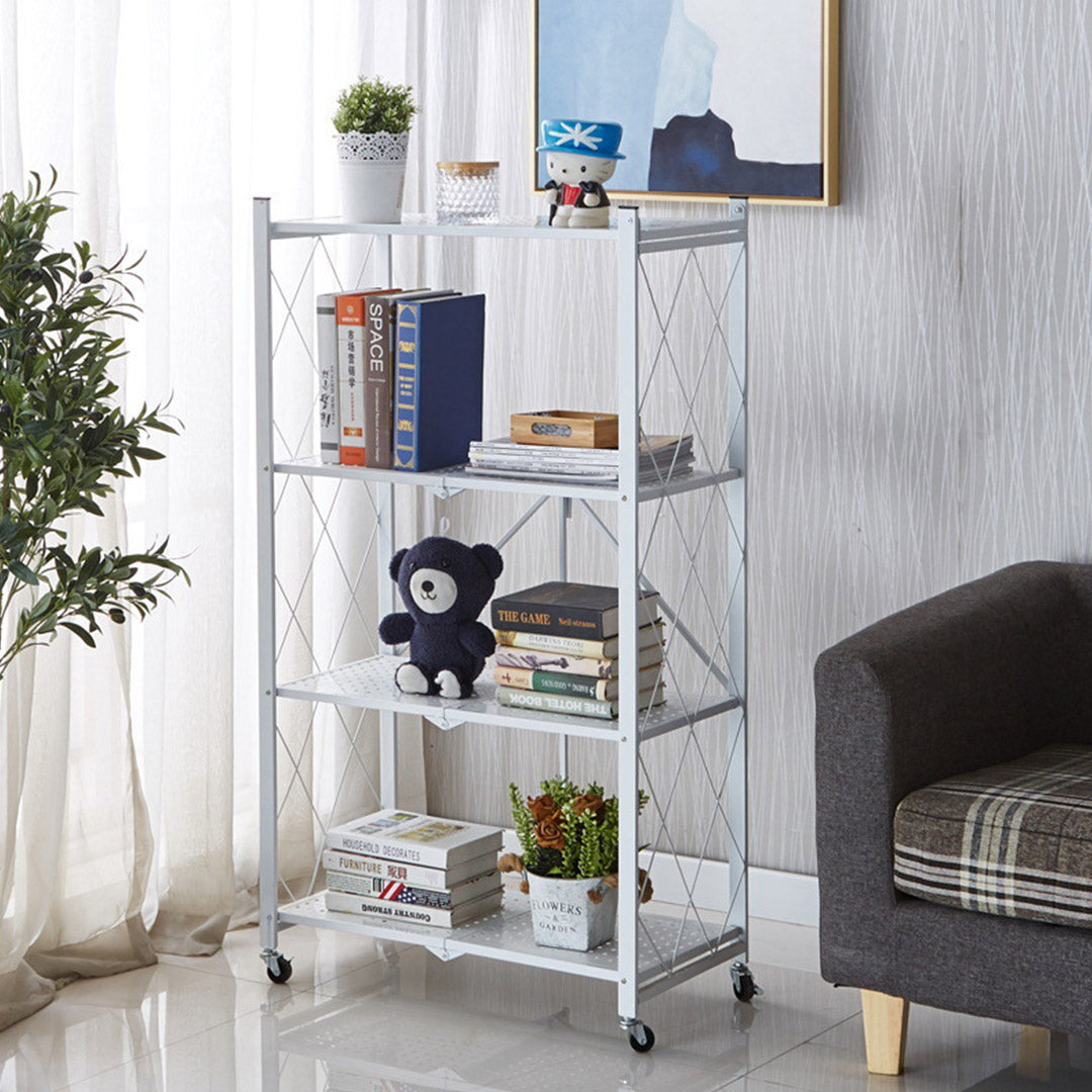 Premium 4 Tier Steel White Foldable Kitchen Cart Multi-Functional Shelves Portable Storage Organizer with Wheels - image8