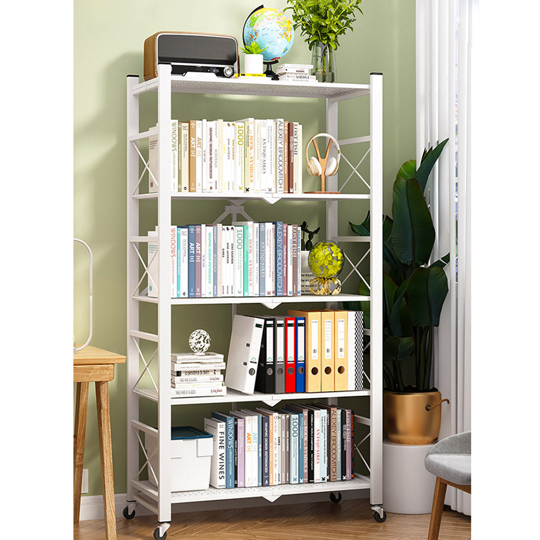 Premium 5 Tier Steel White Foldable Display Stand Multi-Functional Shelves Portable Storage Organizer with Wheels - image9