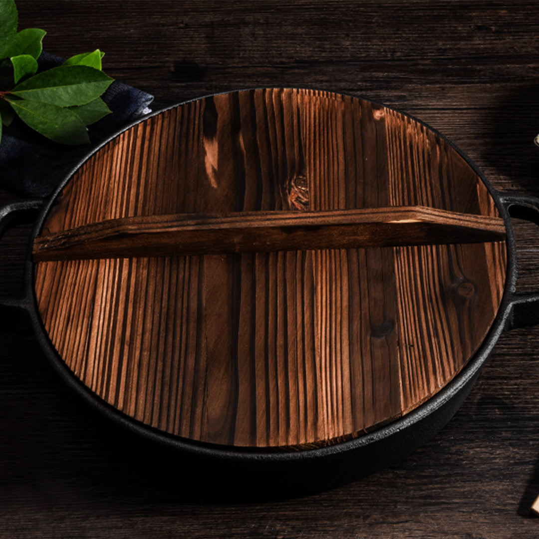 Premium 31cm Round Cast Iron Pre-seasoned Deep Baking Pizza Frying Pan Skillet with Wooden Lid - image9