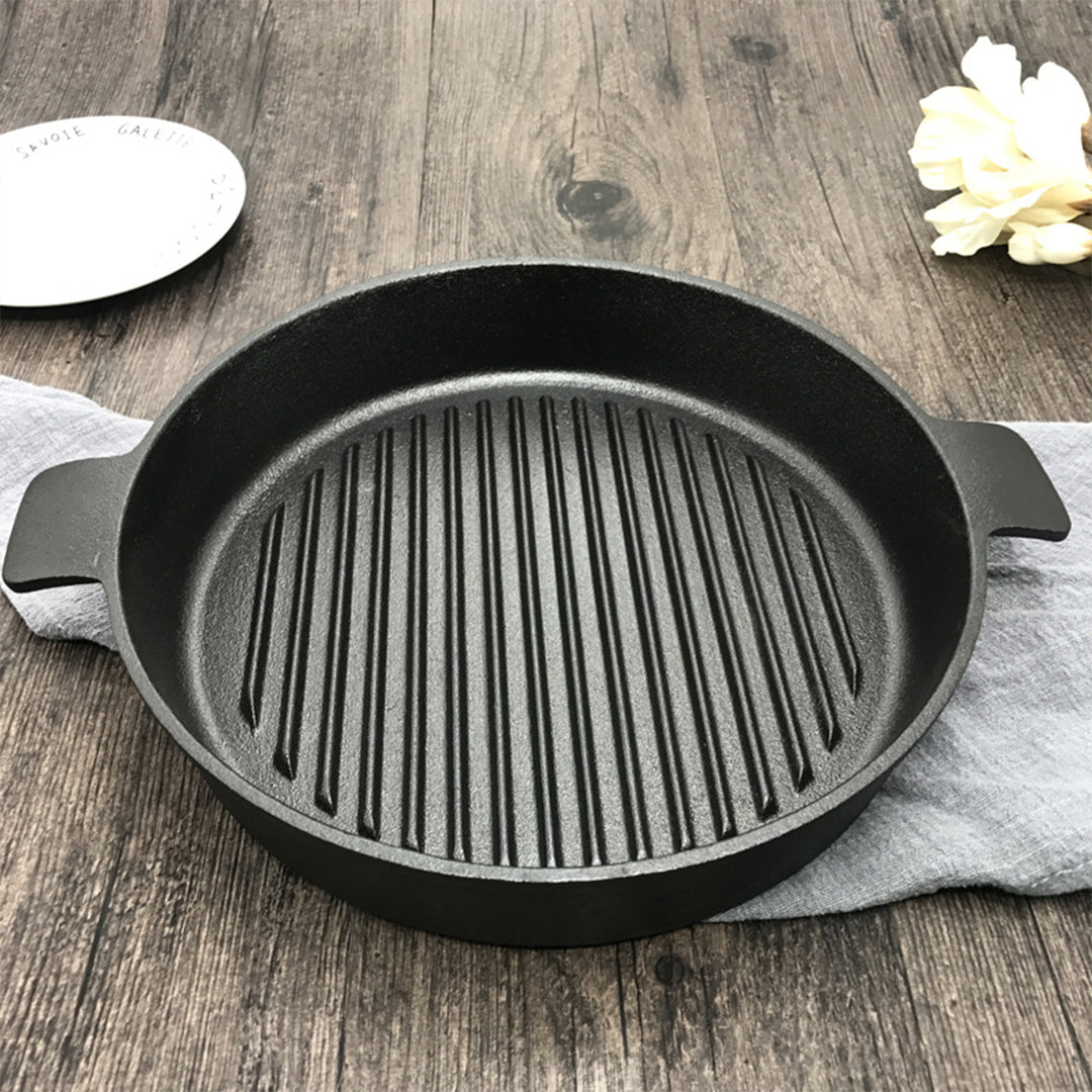 Premium 2X 25cm Round Ribbed Cast Iron Frying Pan Skillet Steak Sizzle Platter with Handle - image9