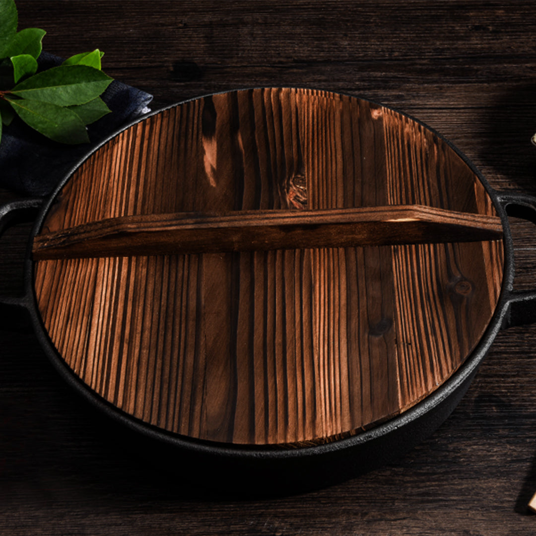 Premium 35cm Round Cast Iron Pre-seasoned Deep Baking Pizza Frying Pan Skillet with Wooden Lid - image9