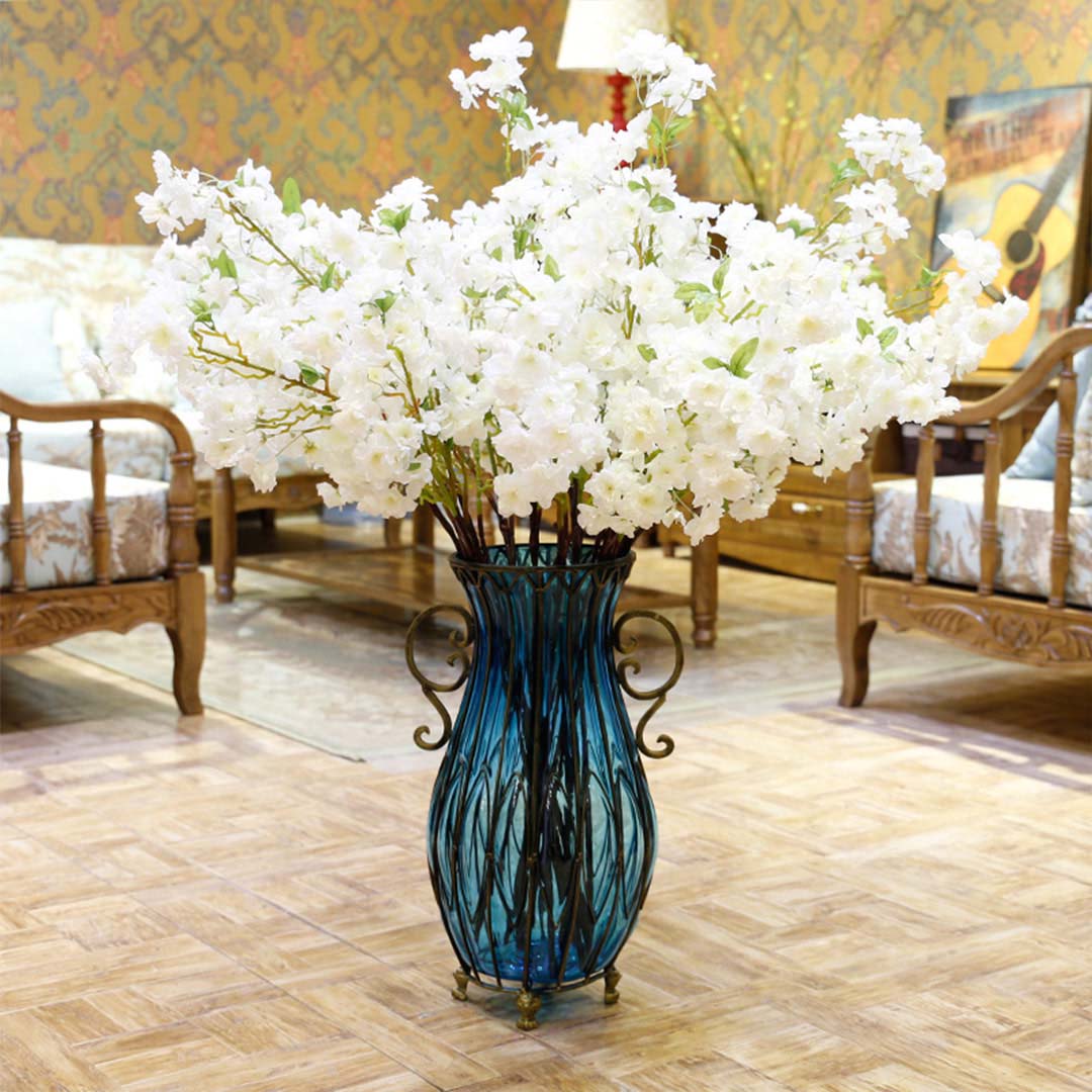 Premium 51cm Blue Glass Tall Floor Vase and 10pcs White Artificial Fake Flower Set - image11