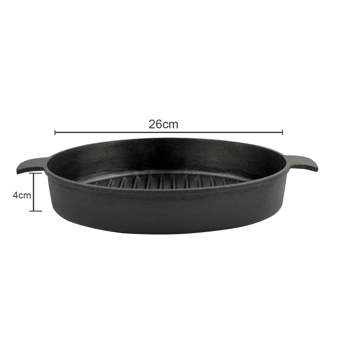 Premium 2X 26cm Round Ribbed Cast Iron Frying Pan Skillet Steak Sizzle Platter with Handle - image12