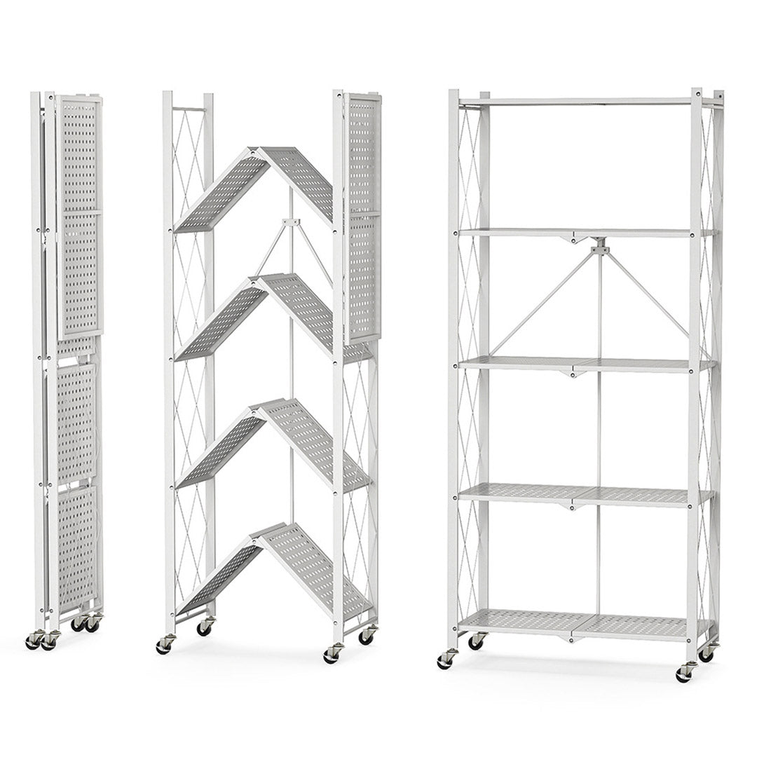 Premium 5 Tier Steel White Foldable Kitchen Cart Multi-Functional Shelves Portable Storage Organizer with Wheels - image12