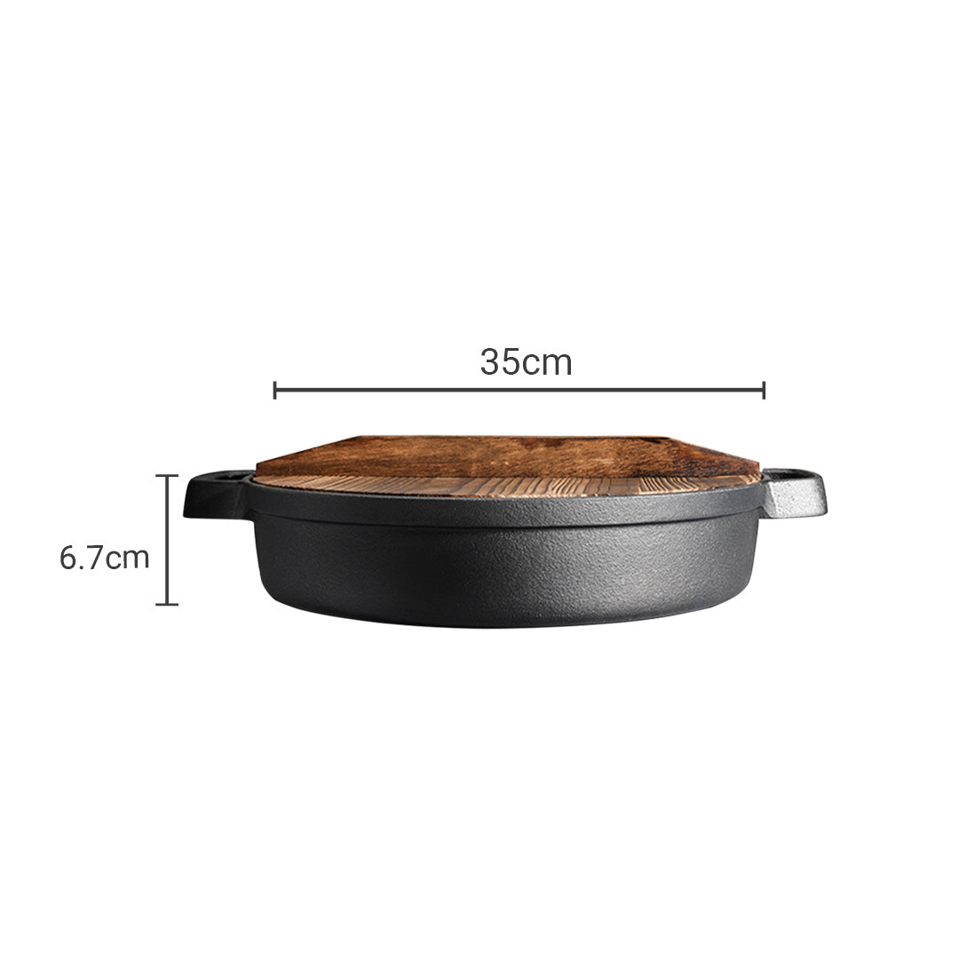 Premium 35cm Round Cast Iron Pre-seasoned Deep Baking Pizza Frying Pan Skillet with Wooden Lid - image12