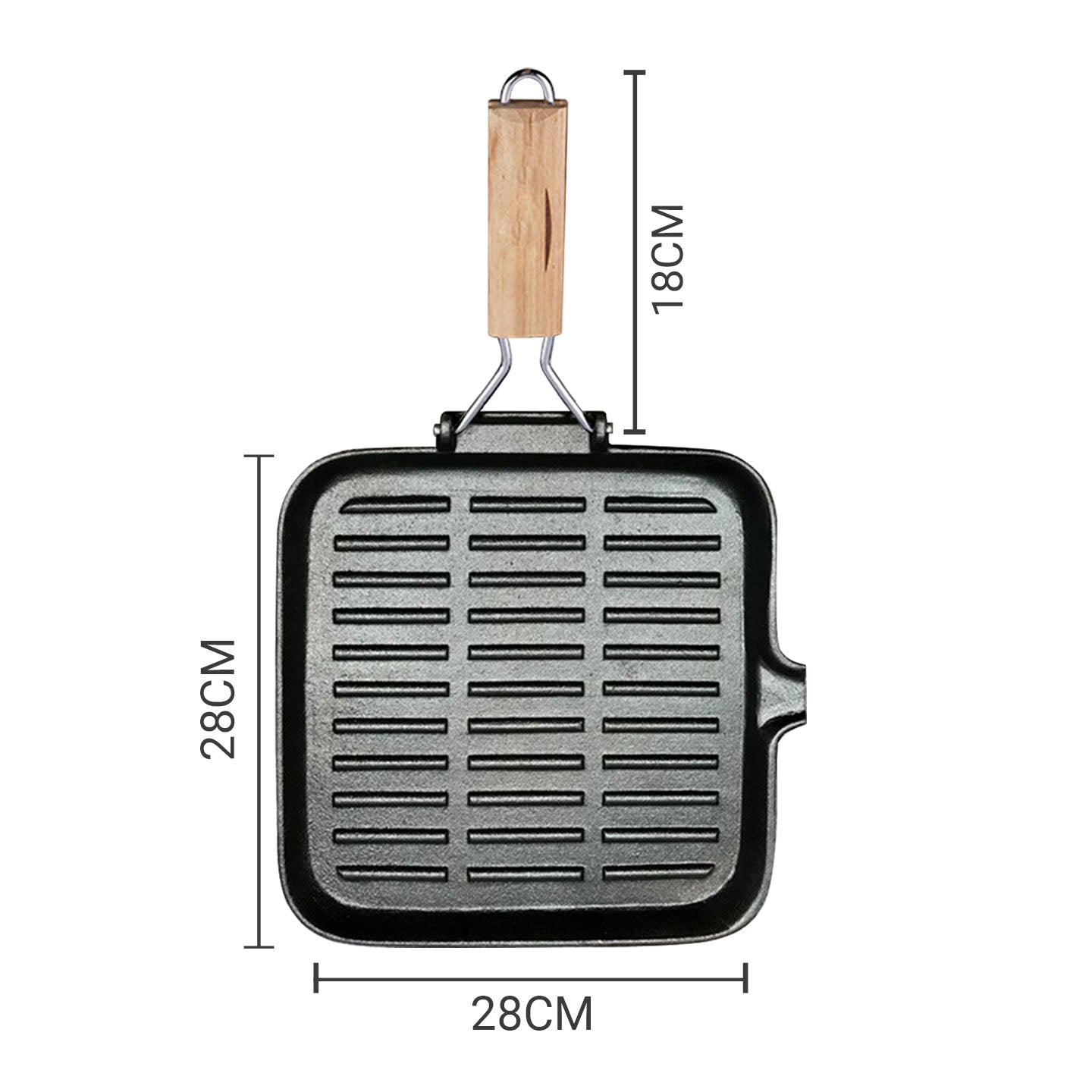 Premium 28cm Ribbed Cast Iron Square Steak Frying Grill Skillet Pan with Folding Wooden Handle - image13