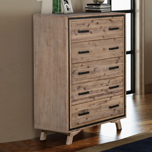 Tallboy with 5 Storage Drawers Solid Acacia Wooden Frame in Silver Brush Colour - image1