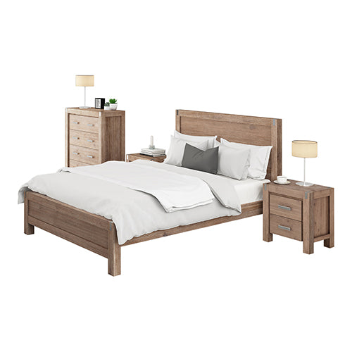 4 Pieces Bedroom Suite in Solid Wood Veneered Acacia Construction Timber Slat Double Size Oak Colour Bed, Bedside Table & Tallboy - image1