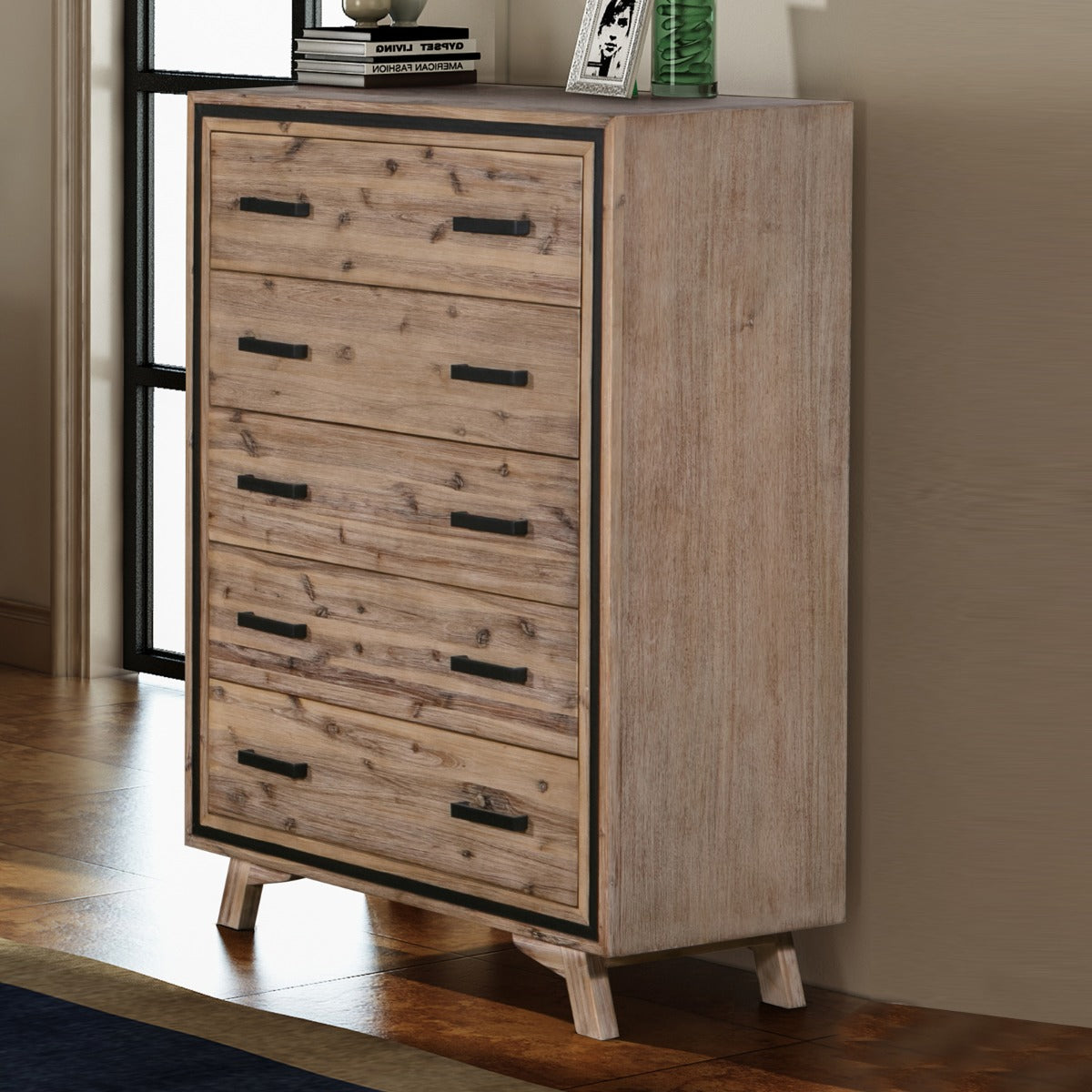 Tallboy with 5 Storage Drawers Solid Acacia Wooden Frame in Silver Brush Colour - image2