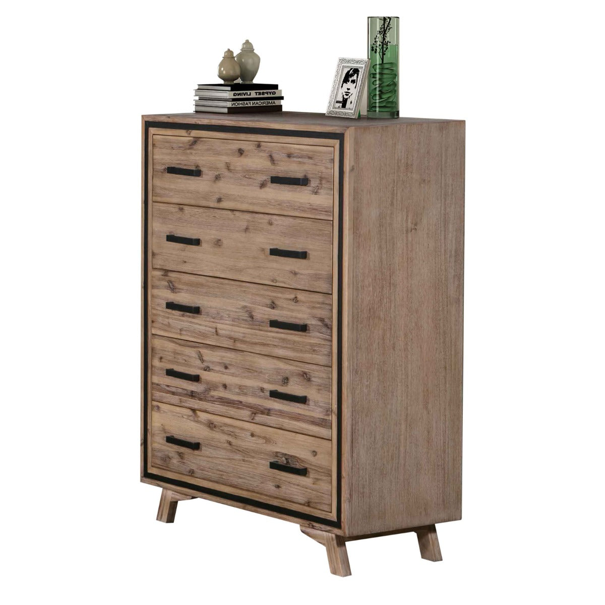 Tallboy with 5 Storage Drawers Solid Acacia Wooden Frame in Silver Brush Colour - image3