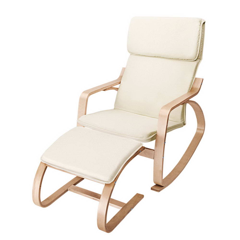 Wooden Armchair with Foot Stool - Beige - image1