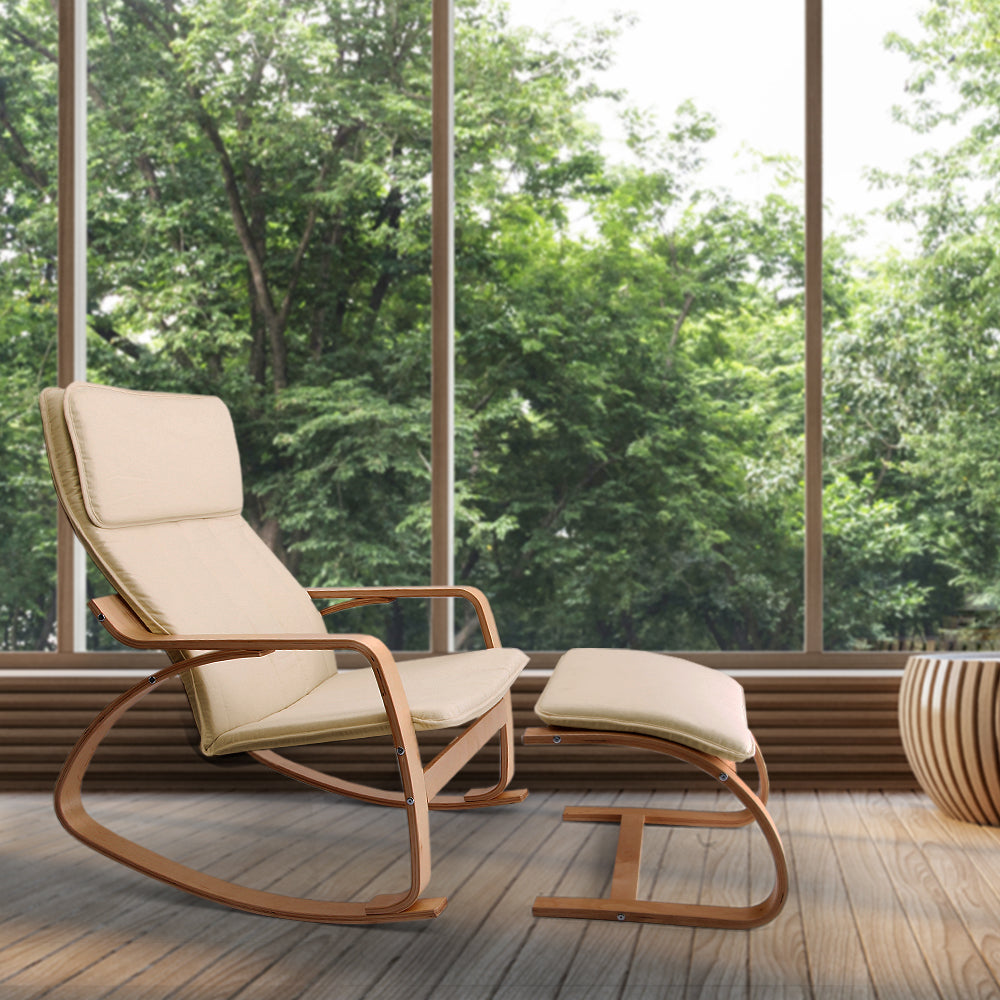 Wooden Armchair with Foot Stool - Beige - image7