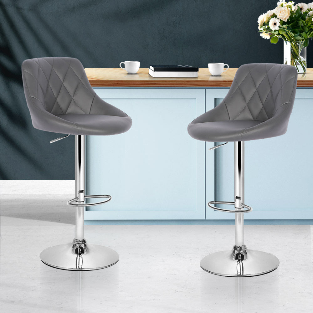 Set of 2 Bar Stools PU Leather Diamond Style - Grey - image7