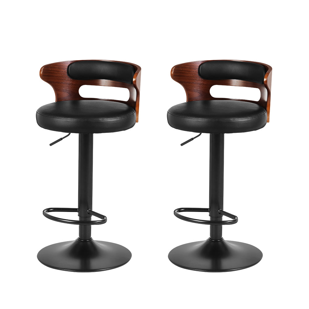 Artiss Set of 2 Bar Stools Kitchen Wooden Gas Lift Leather Stool Metal Black Barstools - image1