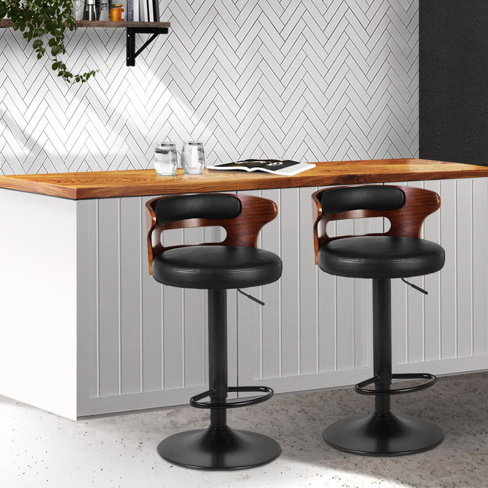 Artiss Set of 2 Bar Stools Kitchen Wooden Gas Lift Leather Stool Metal Black Barstools - image8