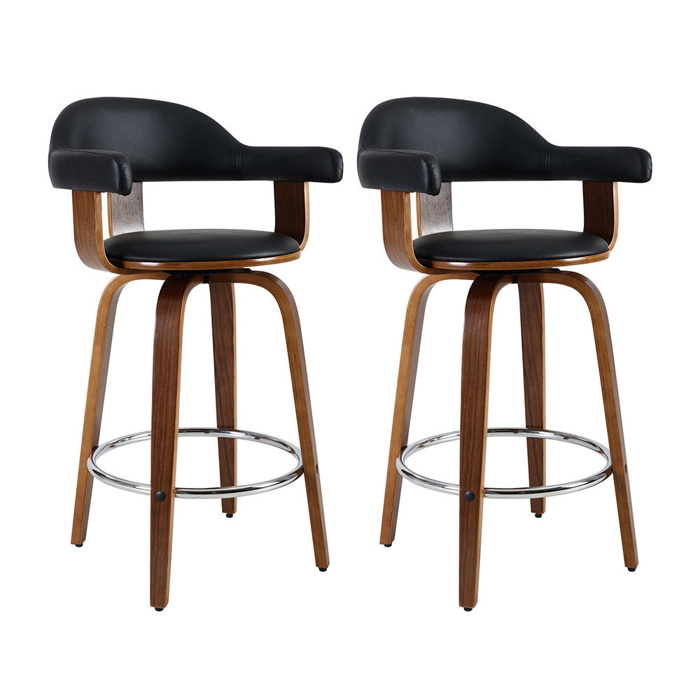 Set of 2 Bar Stools PU Leather Wooden Swivel - Wood, Chrome and Black - image1