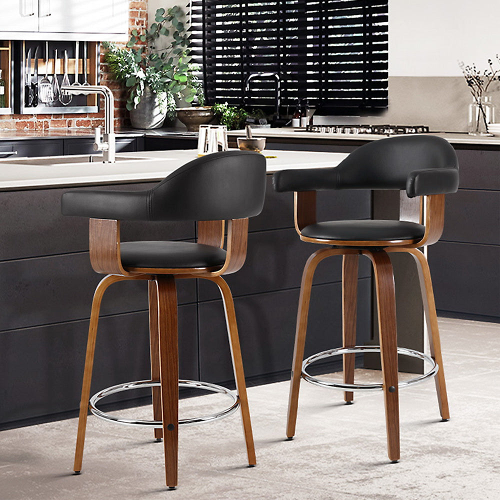 Set of 2 Bar Stools PU Leather Wooden Swivel - Wood, Chrome and Black - image8