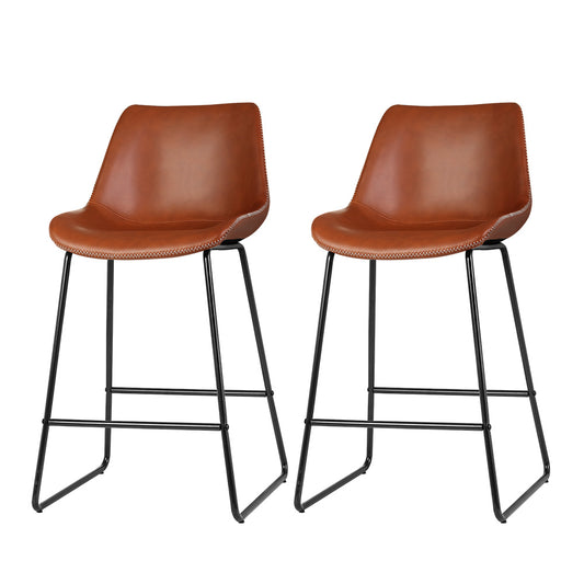 Artiss Set of 2 Bar Stools Kitchen Metal Bar Stool Dining Chairs PU Leather Brown - image1