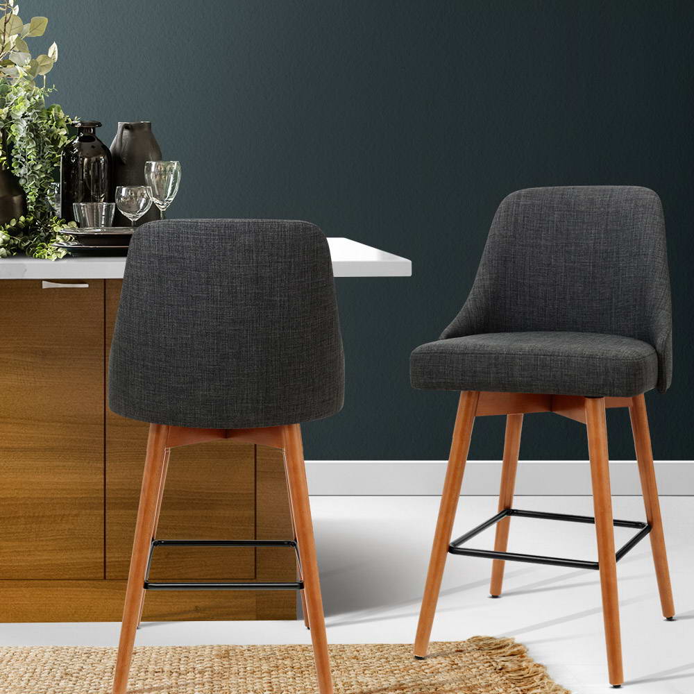 Set of 2 Wooden Fabric Bar Stools Square Footrest - Charcoal - image7