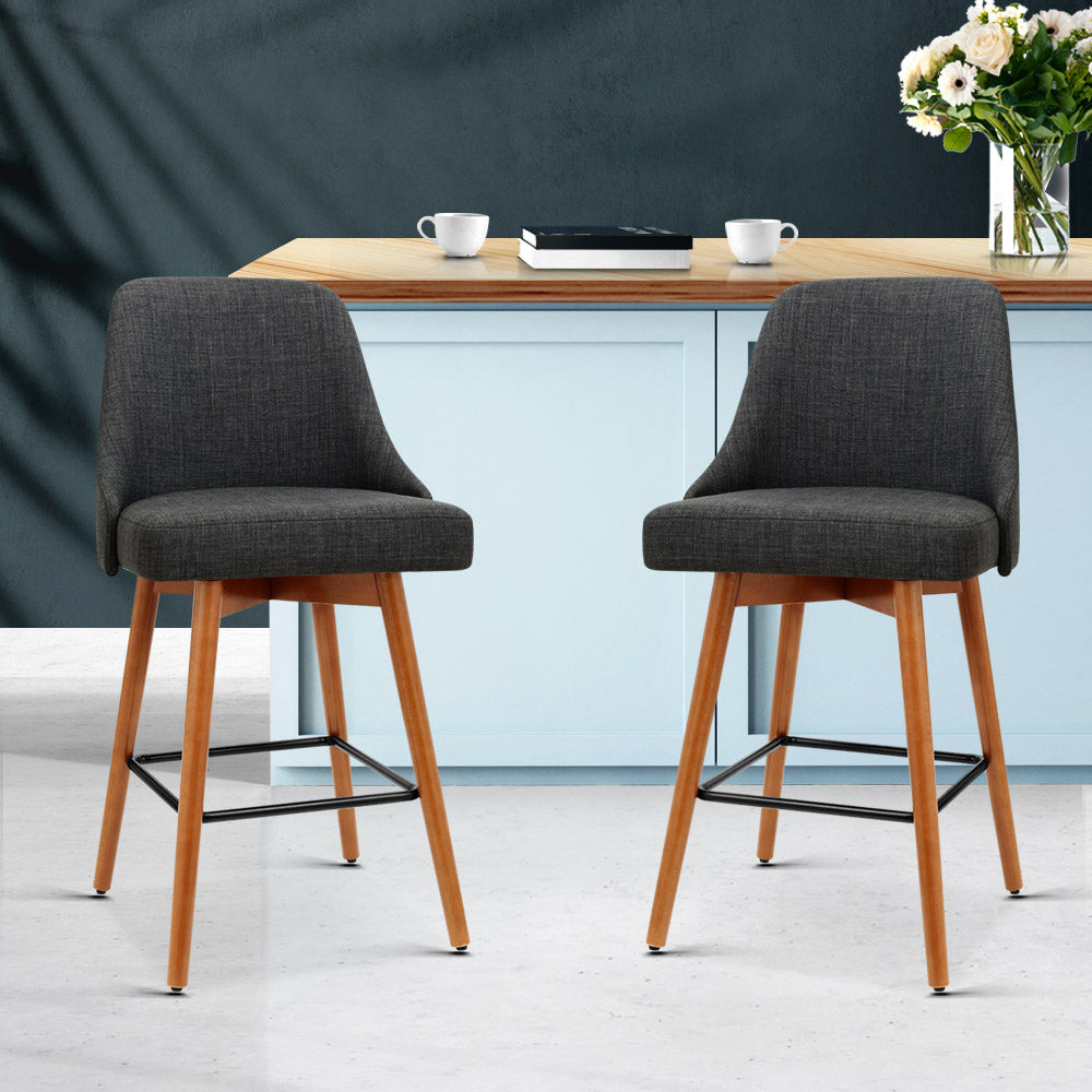 Set of 2 Wooden Fabric Bar Stools Square Footrest - Charcoal - image10