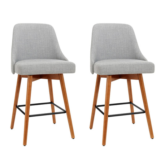 Set of 2 Wooden Fabric Bar Stools Square Footrest - Light Grey - image1