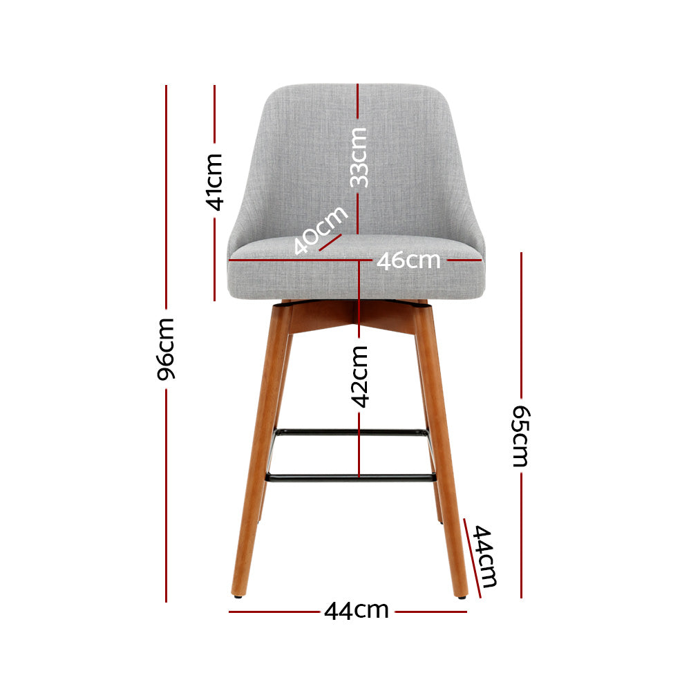 Set of 2 Wooden Fabric Bar Stools Square Footrest - Light Grey - image2