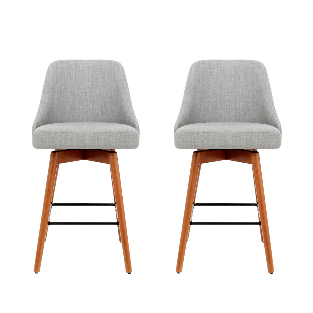 Set of 2 Wooden Fabric Bar Stools Square Footrest - Light Grey - image3