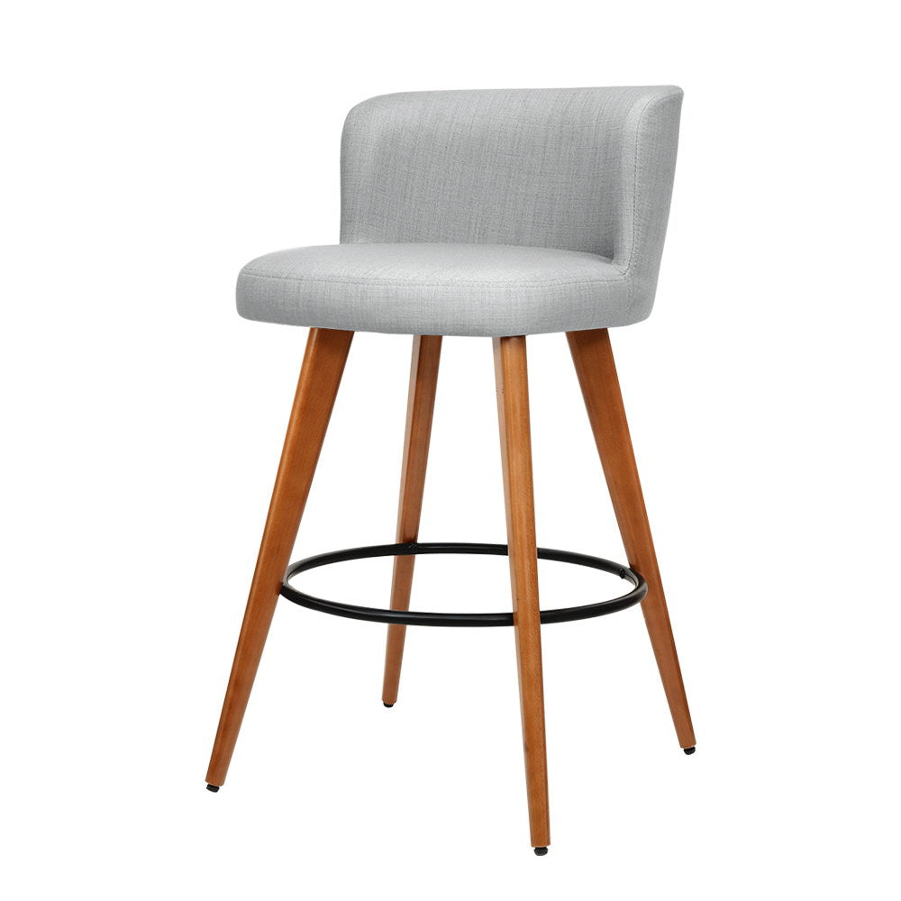 Set of 2 Wooden Fabric Bar Stools Circular Footrest - Light Grey - image1