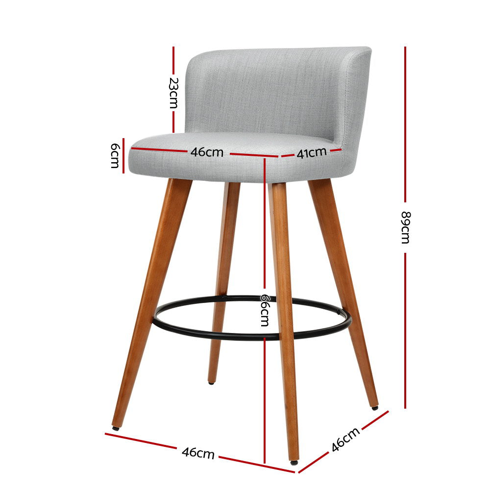 Set of 2 Wooden Fabric Bar Stools Circular Footrest - Light Grey - image2