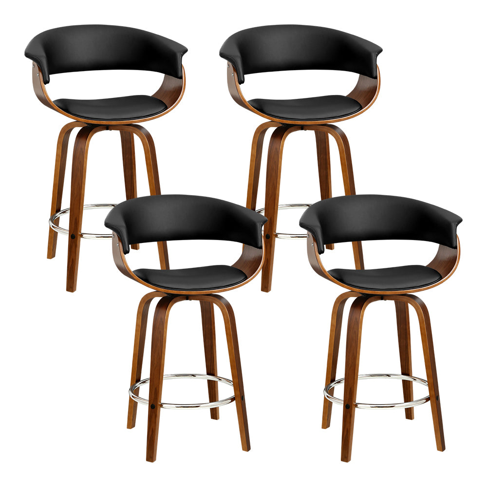 Set of 4 Swivel PU Leather Bar Stool - Wood and Black - image1