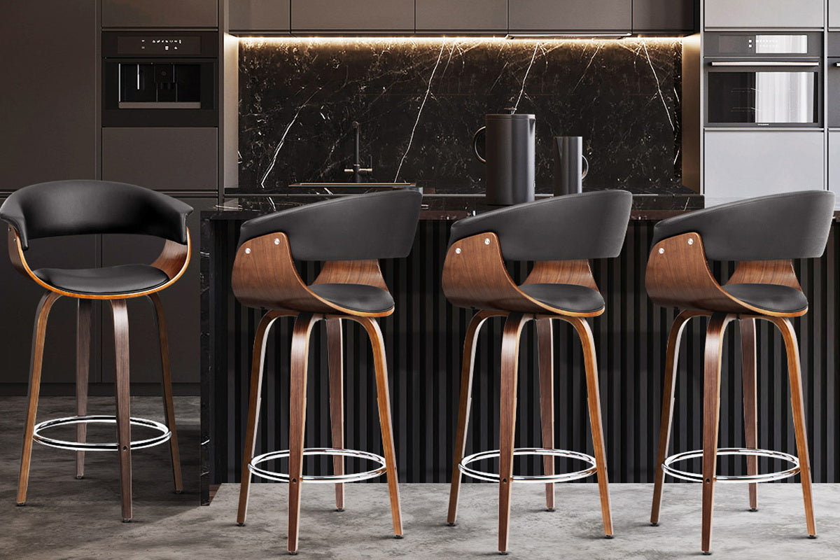 Set of 4 Swivel PU Leather Bar Stool - Wood and Black - image9