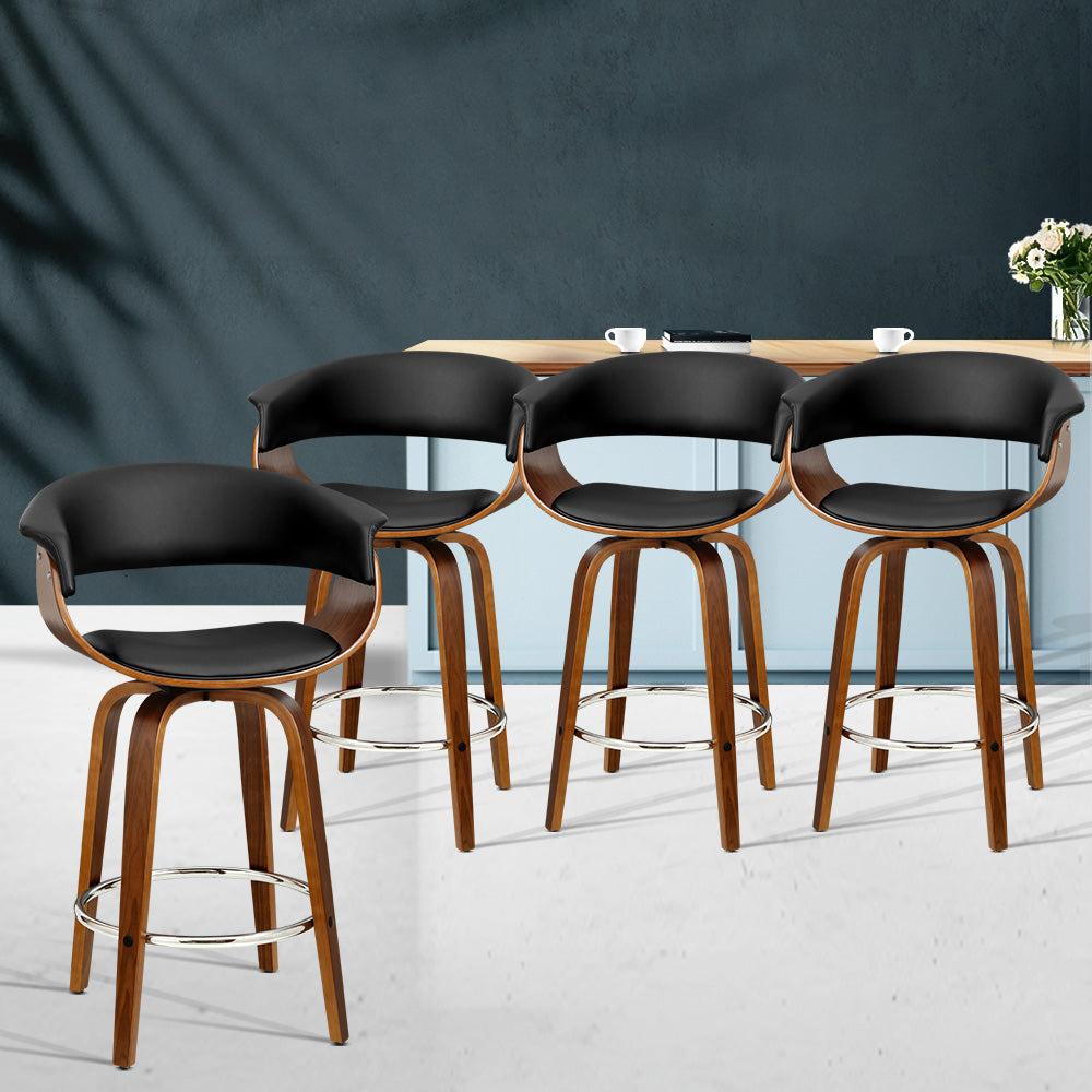 Set of 4 Swivel PU Leather Bar Stool - Wood and Black - image7