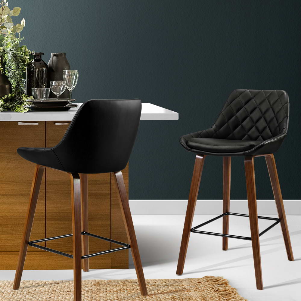 Set of 2 Bar Stools Bentwood PU Leather Diamond Pleat - Black - image7