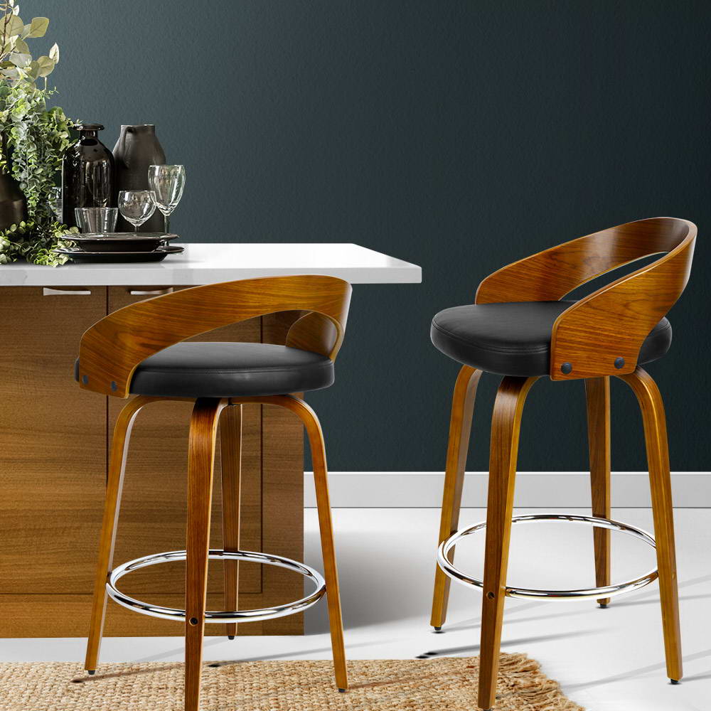 Set of 2 Walnut Wood Bar Stools - Black and Brown - image7