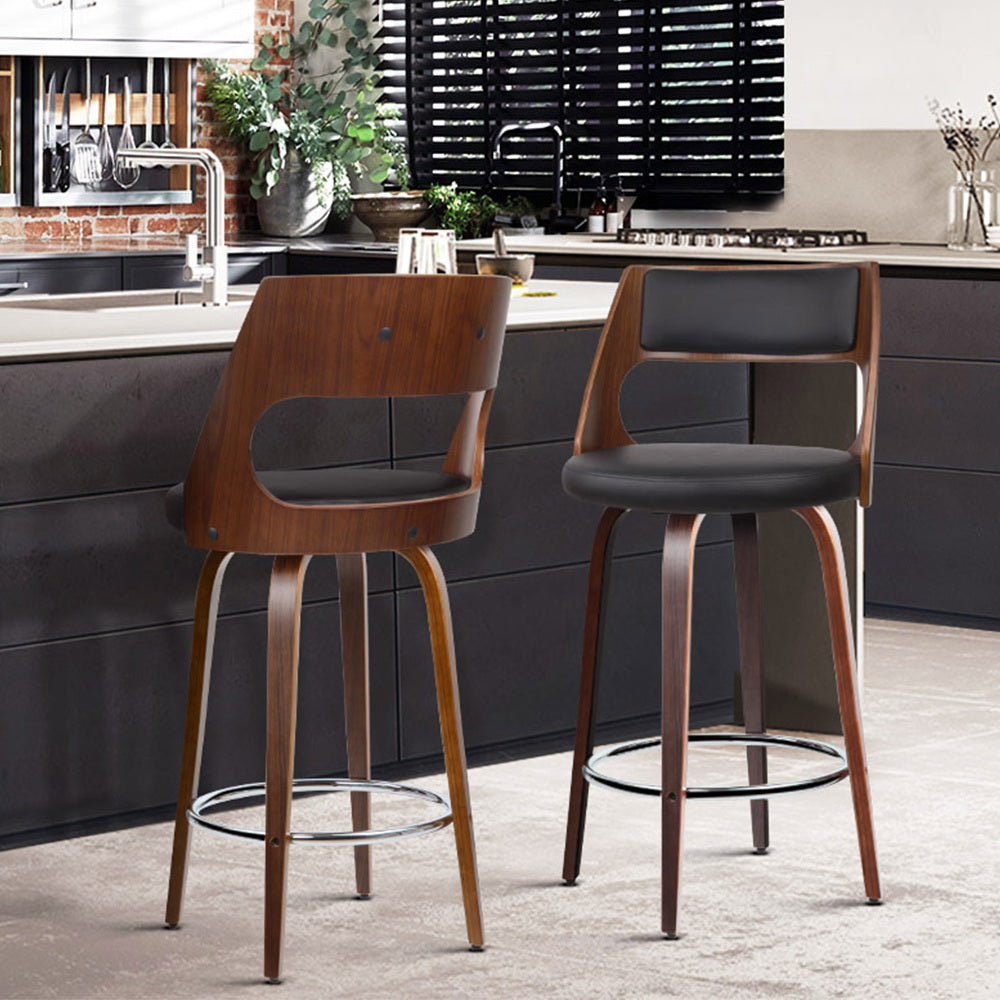 Set of 2 Wooden Bar Stools PU Leather - Black and Wood - image8