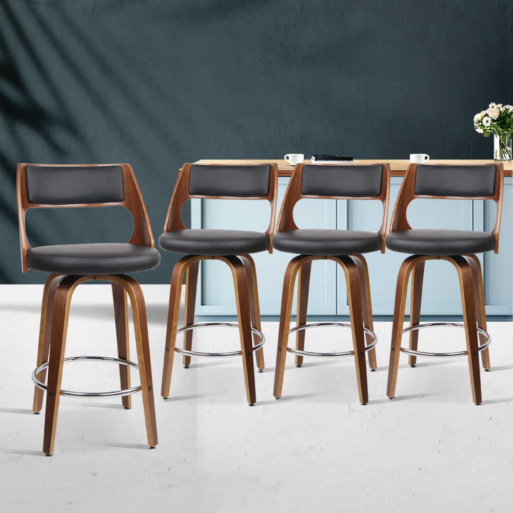 Set of 4 Wooden Bar Stools PU Leather - Black and Wood - image9