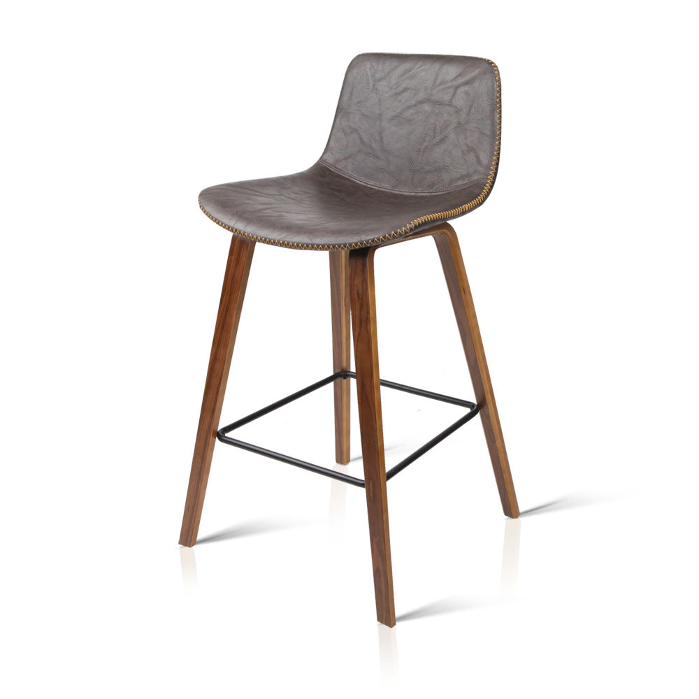 Set of 2 PU Leather Bar Stools Square Footrest - Wood and Brown - image1