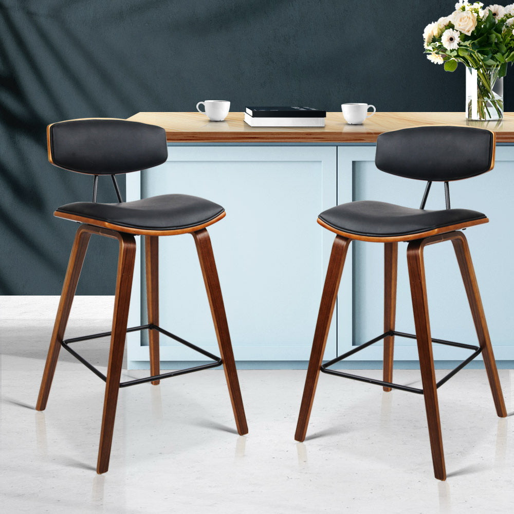 Set of 2 PU Leather Circular Footrest Bar Stools - Black - image10