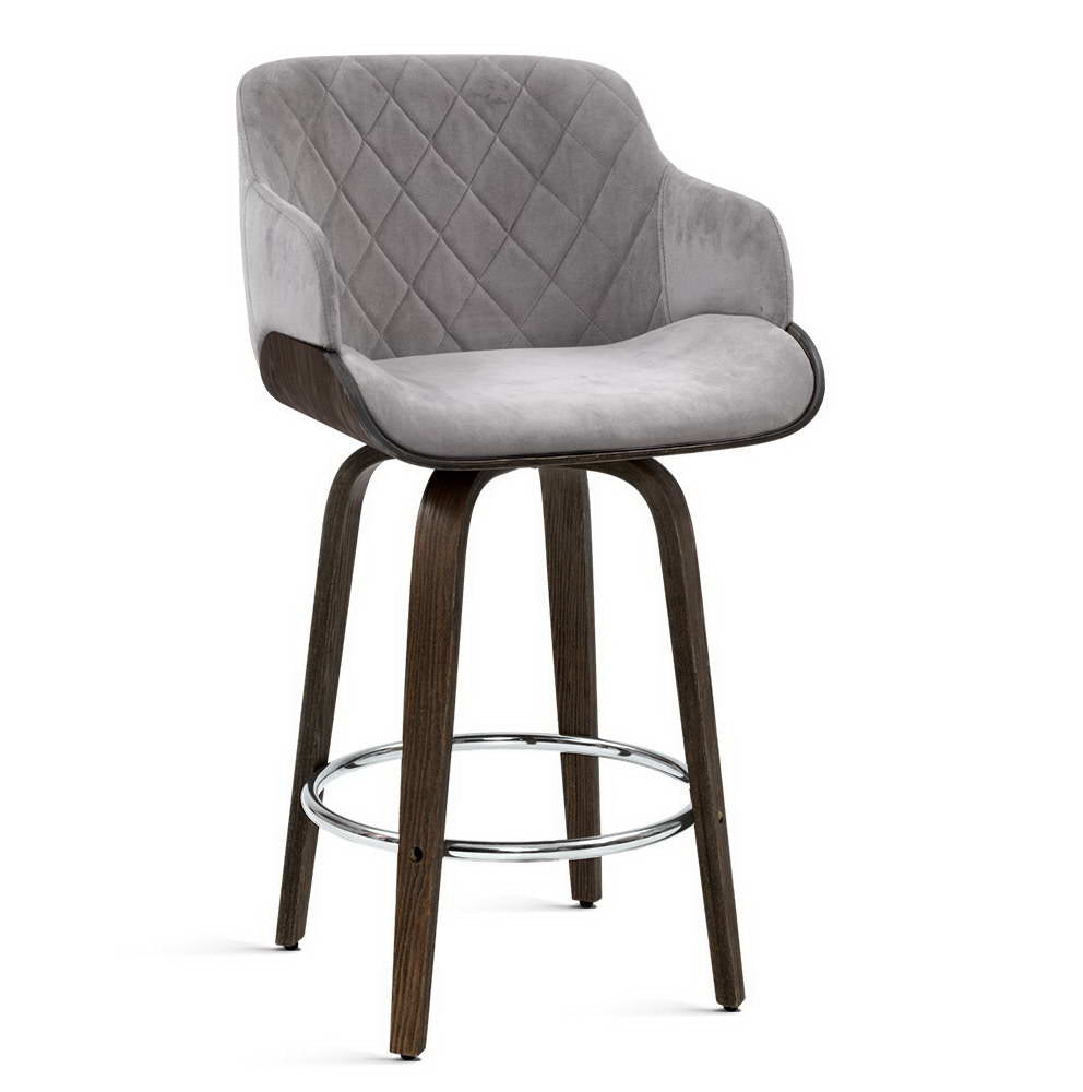 Velvet Bar Stool Swivel - Grey and Wood - image1