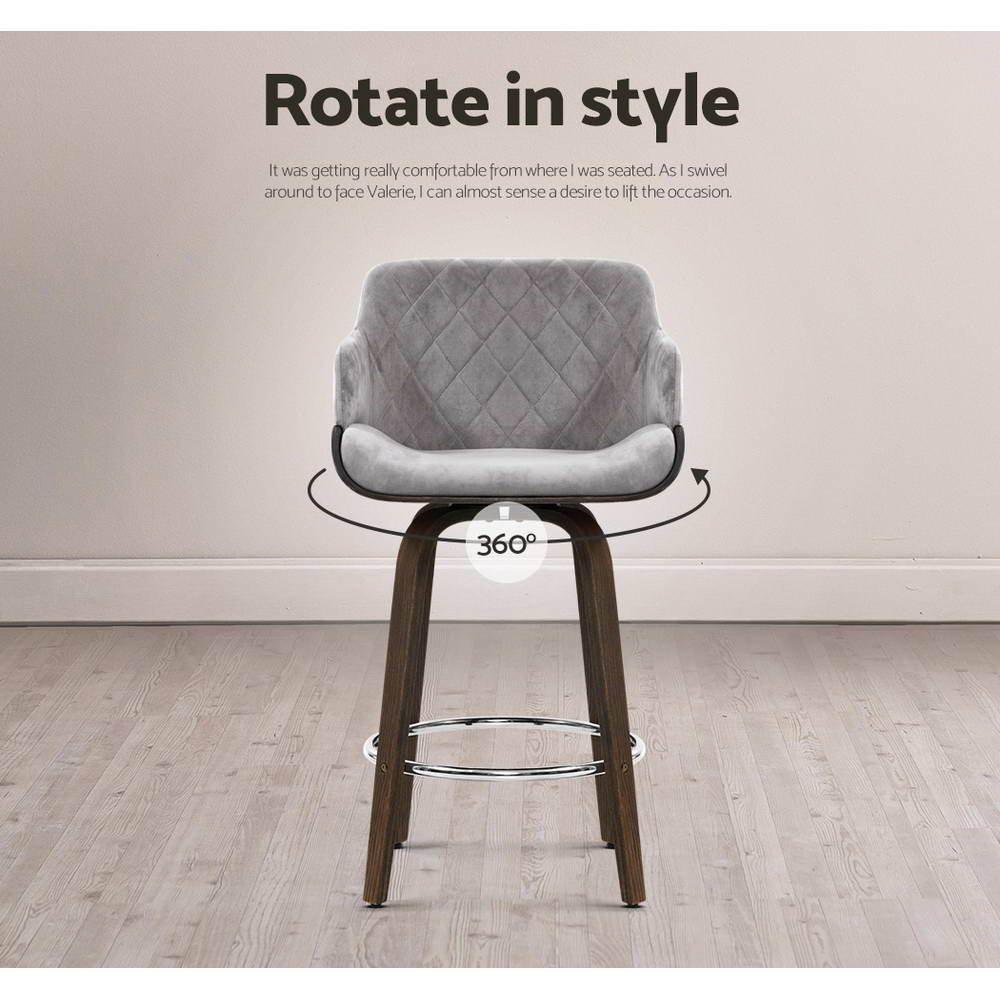 Velvet Bar Stool Swivel - Grey and Wood - image4