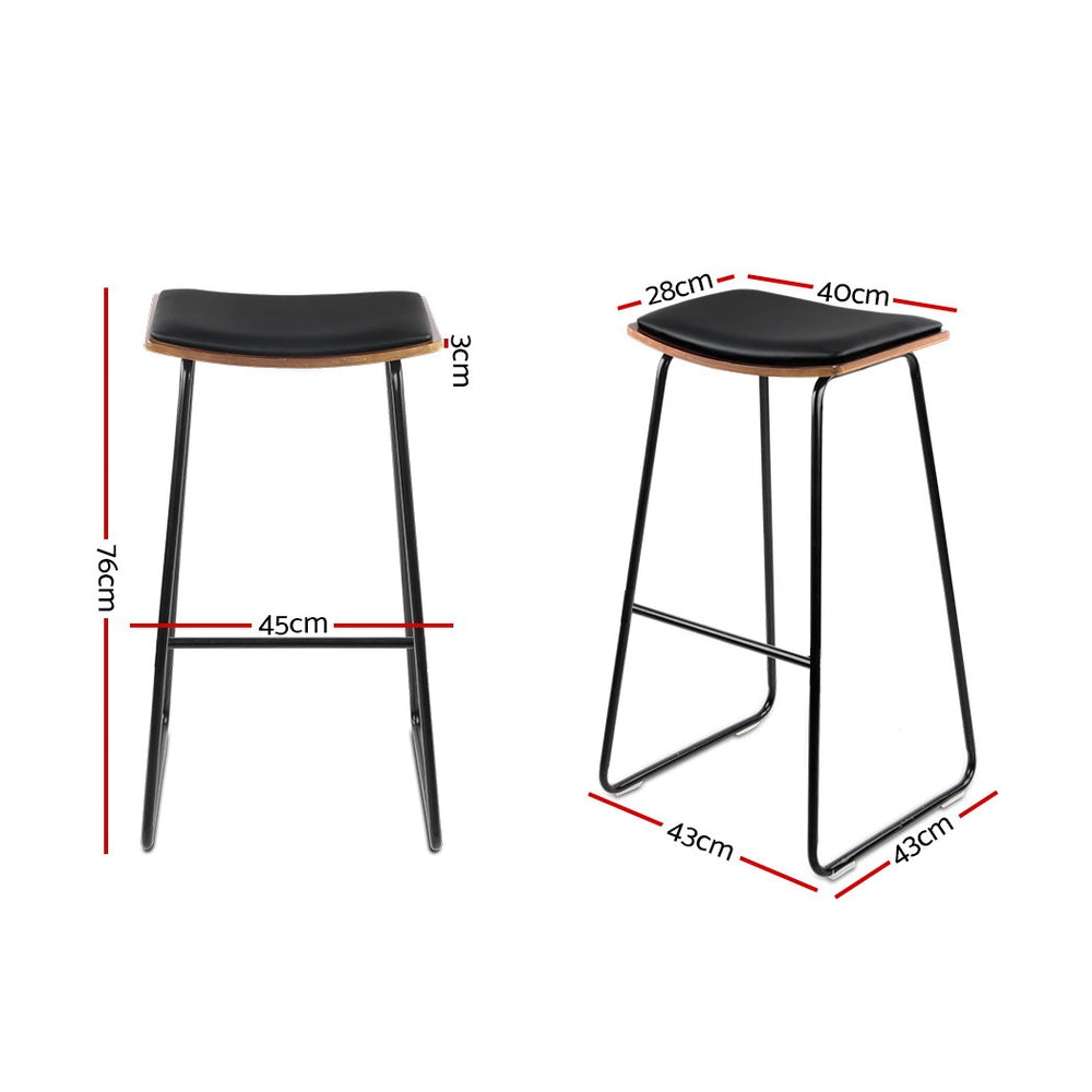 Set of 2 Backless PU Leather Bar Stools - Black and Wood - image2