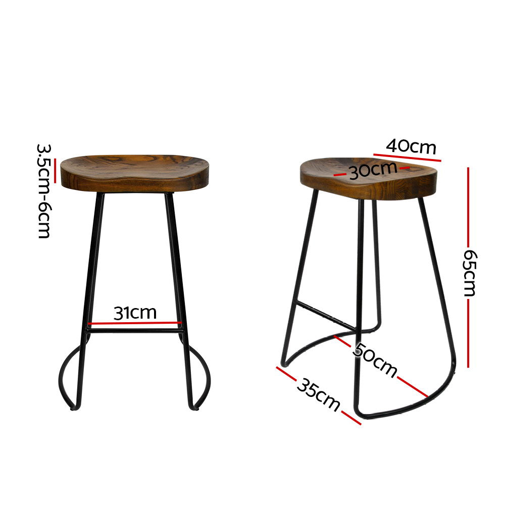 Set of 2 Elm Wood Backless Bar Stools 65cm - Black and Dark Natural - image2