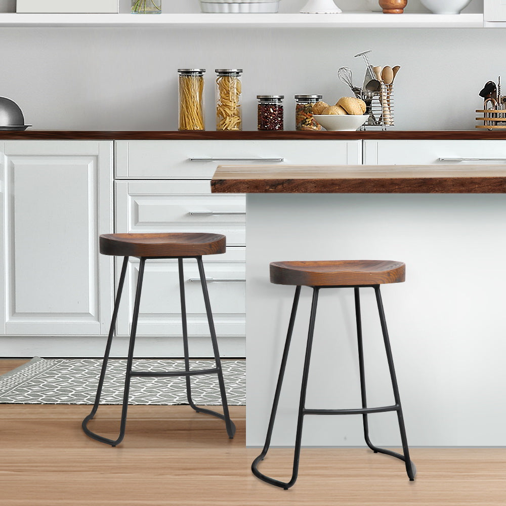 Set of 2 Elm Wood Backless Bar Stools 65cm - Black and Dark Natural - image10